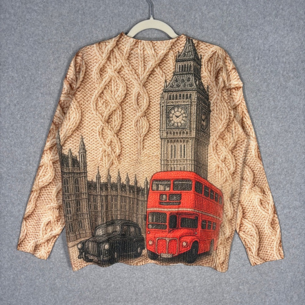London Cardigan Sweater Large Tan Big Ben Red Bus Cable Knit Westminster Print - Picture 6 of 9